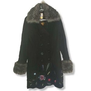 Desigual Size 42 Boho Hippie Wool Trench Coat Removable Fur Collar Black Floral